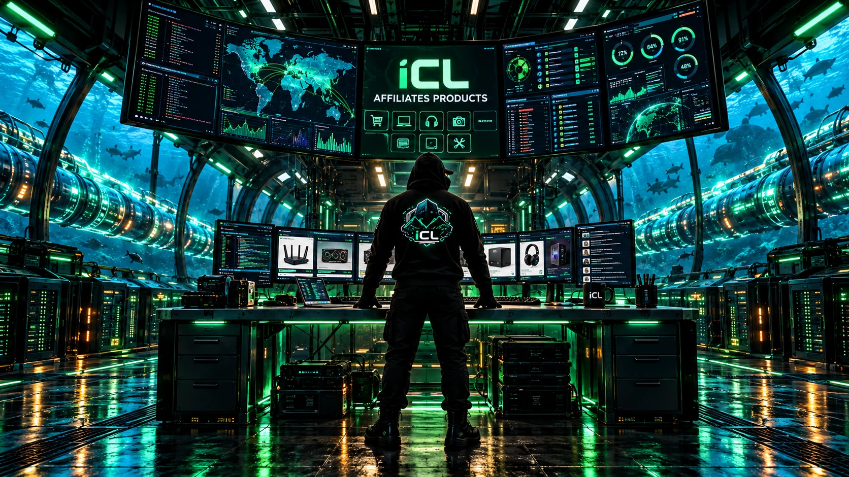 A hooded iCommish Labs operator at the affiliate command desk, surrounded by ocean windows, illuminated server racks and product screens
